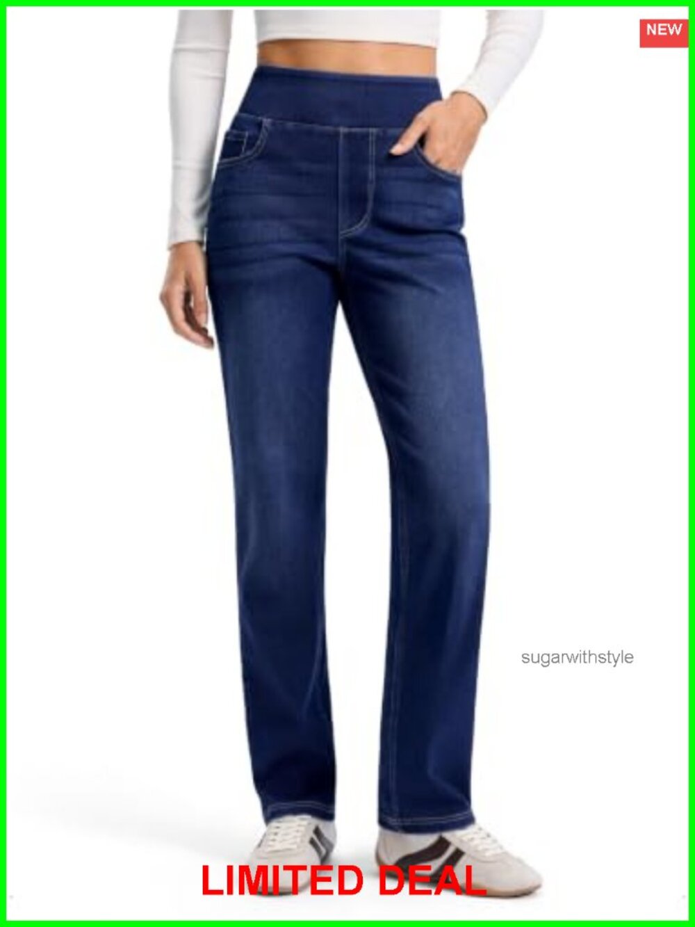 Pull On Straight Leg Stretchy Denim Jeans High Rise Tummy Control